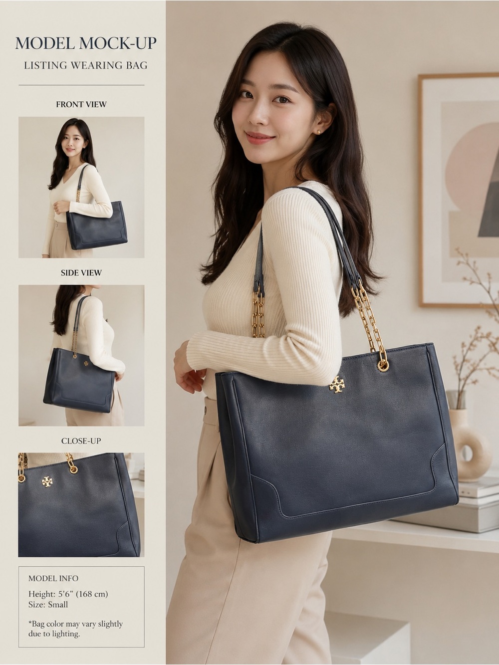 Tory Burch Navy Leather Tote with Gold Chain Handles